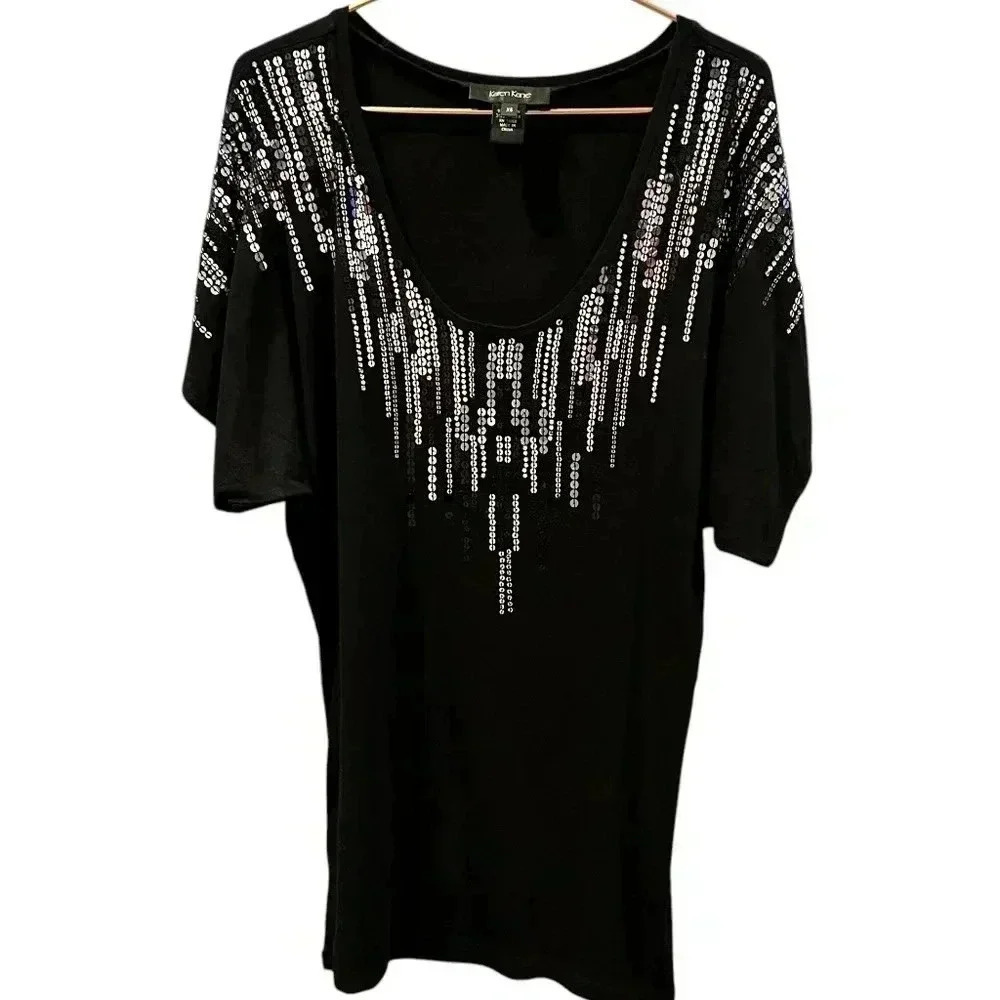 Karen Kane black blouse with silver sequins size xs